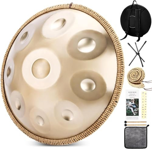 BIILOYY Handpan Drum, 22 Zoll 9/10/12/ Note 432/440 Hz Steel Tongue Drum in D-Moll Steel pan für Yoga-Meditation, Klangheilung (Gold, 10 Töne- 440Hz)