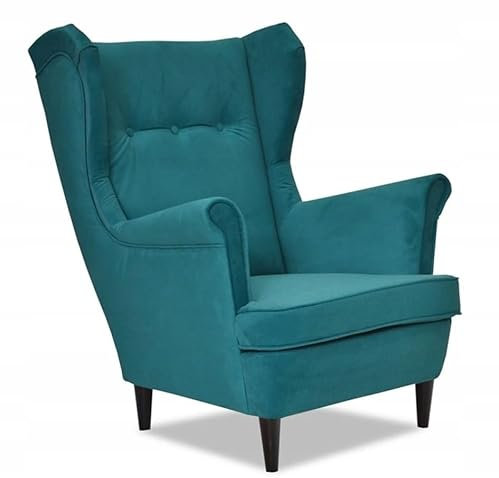 Kaiser Möbel Lounge Sessel mit Hocker - Klassische Ohrensessel mit Armlehnen, Retro Stuhl aus Stoff mit Holz Füßen, Polsterstuhl für Esszimmer & Wohnzimmer, Stoff Velour Ohrensessel seeblau TURKUS