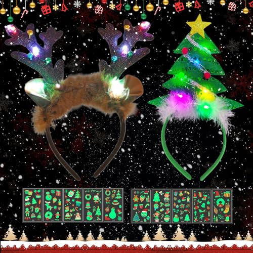Shinybox Haarschmuck Weihnachten, 2 Stück Funkelnde Rentier Kopfschmuck, LED-Weihnachtsbaum-Haarbänder mit 10 Leuchtende Weihnachts Tattoo Aufkleber, Haarschmuck Weihnachten für Weihnachten Karneval