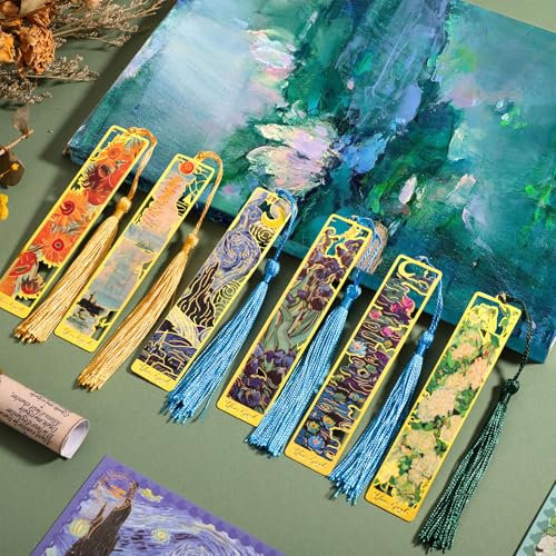 Prudiut Metall-Lesezeichen mit Quaste, Van Gogh & Monet Ölgemälde-Thema, Messingmaterial, Geschenk für Buchliebhaber, ausgefallene ästhetische Lesezeichen, 6 Stück