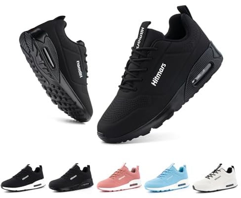 Hitmars Chaussures de Running Femme Chaussures de Sport Chaussure de Course Basse Légères Respirant Lacets Antidérapant PU Coussin d'air Noir EU39