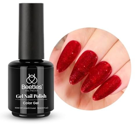 Beetles UV Gel Nagellack Glitzer Rot, 15 ml Glitzerfarbe Rubin Glänzt Gel Nagellack für Nagelkunst DIY- Heimmaniküre Nagelgel Geschenk für Frauen