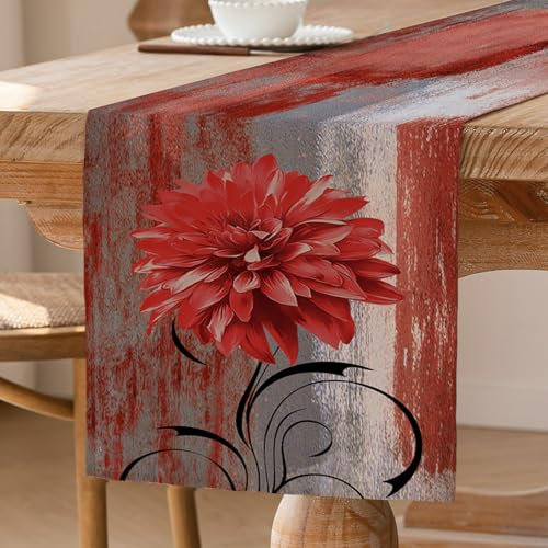 ViaElayu Tischläufer Rot Retro Tischläufer mit Blume Bauernhaus Tischdekoration Rustikales Ölgemälde Tisch Läufer Akzenttisch Dekoratives Tuch 40 x 140 cm für Küche Kaffee Urlaub Partys Hochzeit