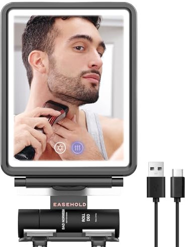 EASEHOLD Specchio doccia anti-appannamento, specchio da barba a LED per doccia con porta lama, 3 colori di luce regolabili, batteria ricaricabile, anti-appannamento, specchio da bagno con pulsante