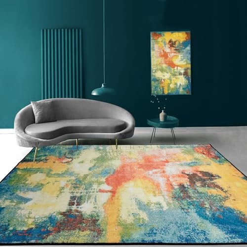 Grands Tapis Salon 160 x 230 cm, Tapis Doux Décorations Chambre à Coucher Design Abstrait coloré Moderne Sarcelle Bleu Vert Rouge Orange Jaune Moutarde Tapis à Poils Courts,