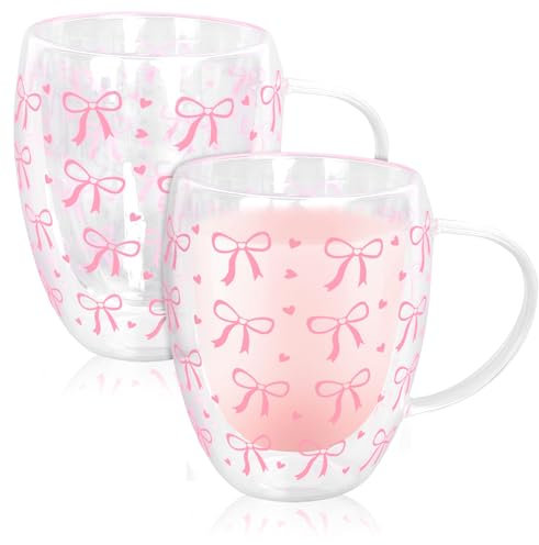 JarThenaAMCS Pink Bow Double Wall Glass Coffee Mugs 12Oz Cute Bowknot Heart Insulated Glasses Clear Espresso Cups with Handle for Home Holiday Supplies, Set of 2
