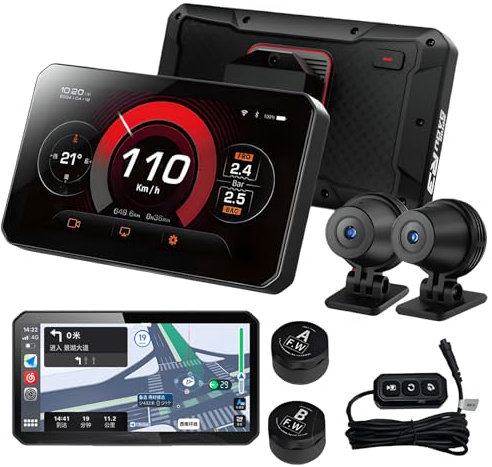 Motorrad-Carplay-Bildschirm mit GPS-Navigation, 5,5-Zoll-LCD-Touchscreen-Motorrad-Fahrrekorder WiFi/APP, 1080P HD-Motor-Nachtsichtkameras vorne und hinten, IPX67, EIS Anti-Shake, Radarwarnung