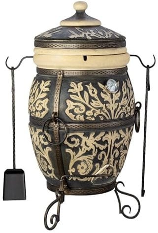 Tandoor Ofen aus Schamott Keramik Grill für Fleisch Brot Pizza & Gemüse Gartenkamin, Gartenküche in Set BBQ-Station für Garten & Terrasse Smoker Tanur Grand Tandyr Tandir (Praga)