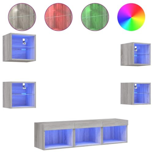 HEFZGDB 7-TLG. Wohnwand mit LED-Beleuchtung Grau Sonoma Holzwerkstoff Tv Ünitesi Tv Schrank Beistelltisch Wohnzimmer Möbel für Schlafzimmer Wohnbereich Erholungsraum Büro