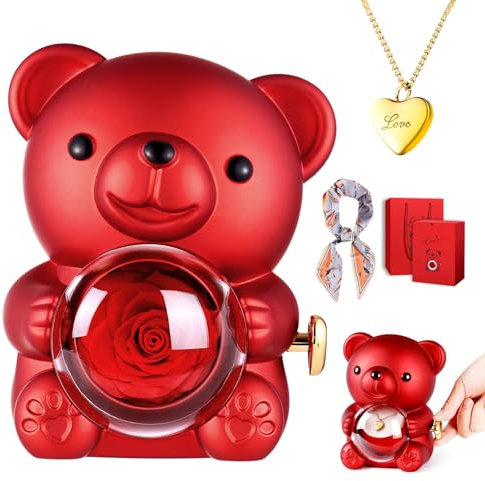 Orso con Rosa e Collana Rosa Eterna Stabilizzata Rose Eterna con Collana Idee Regalo Donna, Mamma, Moglie Rose Stabilizzate per San Valentino, Festa della Mamma, Natale, Anniversario