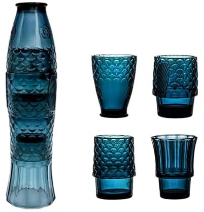Koi - Set di 4 bicchieri impilabili a forma di pesce, in vetro nautico, per bevande, colore: blu lago