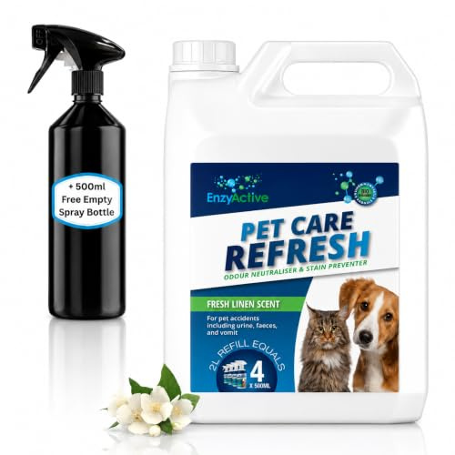EnzyActive Pet FreshFresh 2L – Odour Neutraliser & Stain Preventer for Pet Bedding, Sofas, Mattresses, Crates, Kennels, Enclosures, Pet bed, Cage & Upholstery 2 Litre & 500ml Empty Bottle