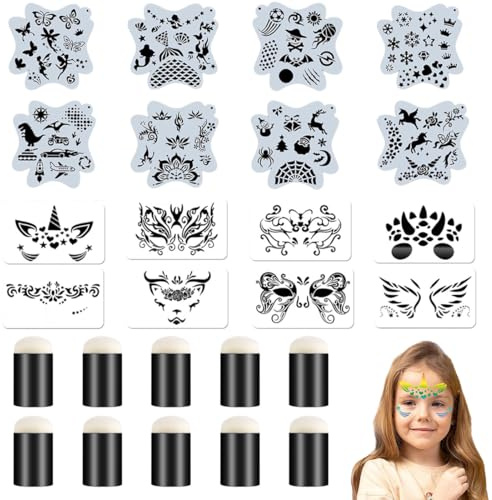 DIFLAX 16 Stück Tattoo Schablone, Schablonen temporäre Tattoos für Kinder, Wiederverwendbare Gesichtsfarbe Schablonen Kit, Tattoo Design Werkzeuge für Gesicht und Körper, für Kinder Party, Fasching
