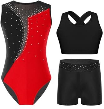 Yruioon 3 Stück Mädchen Turnanzug Ärmellos Gymnastikanzug Streifen Gymnastik Leotard + Sport BH Tops + Shorts Turnen Gymnastik Kleidung
