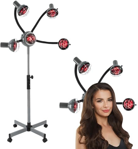 220V Freistehend Friseur Trockenhaube, 5-Kopf-Infrarot-Wärmelampe mit Standfuß, Salon Wärme Lampe Kopf Lampe, 750W Heizung Trockenhaube, Haartrockner 40-80°C, 112-136CM Höhenverstellbar (Silber-grau)