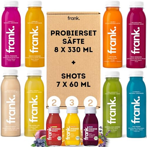Frank Juice Saftkur & Shot Probierpaket | 8x 330ml Säfte & 7x 60ml Shots | Saft Kaltgepresst aus Obst & Gemüse ohne Zusätze | Gesunde Frisch Gepresste Bio Shots und Fruchtsäfte zum Testen