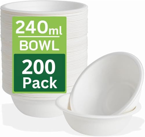 200 Pack Strong Paper Bowls 240ml – Small Disposable Bowls for Parties | 4.5x1.77 in, Biodegradable & Microwavable Bagasse Dessert Bowls, 100% Compostable & Heavy Duty, Ideal for Cereals, Milk