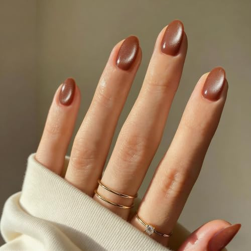 SXVME Cat Eye Press On Nails Short - Light Brown False Nails Oval, 30 Pcs 15 Sizes Sparkly Glitter Fake Nails Press ons, Upgrade Thick Quality, Reusable Short Almond Glue on Nail for Women