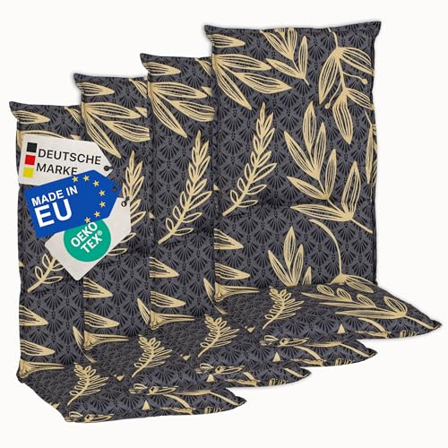 NYVI Gartenstuhl Auflagen Hochlehner 4er Set Barcelona - UV-Beständig, Atmungsaktiv, Strapazierfähig - Hochlehnerauflagen Sitzkissen Outdoor - Sitzauflagen für Gartenstühle 118x50cm Goldene Blätter