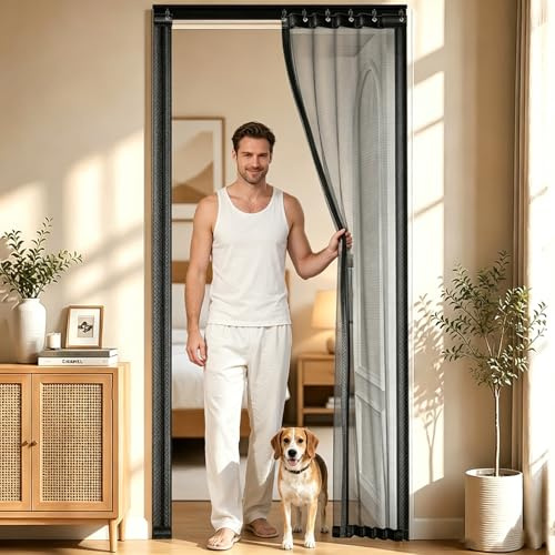 Aeovot Apertura Laterale Zanzariera Magnetica per Porta - Tenda Anti-Mosche Zanzariera Porta Finestra con Guide di Scorrimento, Rete Anti-Insetti in Fibra di Vetro, Senza Fori, Chiusura Automatica