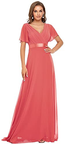 Ever-Pretty Robe De Soirée Style Long Manches Volantées Col en V Jupe Trapèze Robe Femme Chic Et Elegant Rose Corail 48