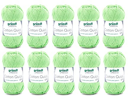 Gründl Wolle Cotton Quick uni - dünne Wolle zum Häkeln - Strickgarn - Häkelgarn - Glänzend und hautfreundlich - 100 % Baumwolle - 10 Knäuel 50 g / 125 m - Nadelstärke 3- 4 - Kiwi