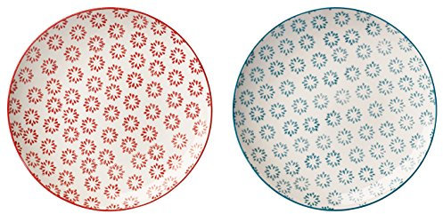 Bloomingville Teller Isabella Retro Dessertteller Frühstücksteller Vintage Kuchenteller rund ø 20 cm, rot blau, Keramik, 2er Set