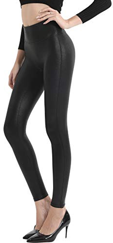Retro Gong Black Womens Faux Leather Leggings Stretch High Waisted Pleather Pants