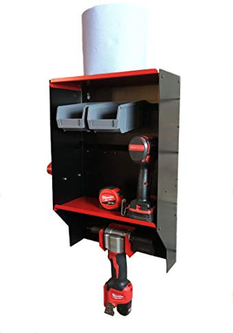 MegaMaxx Pop Rivet and Power Tool Storage Unit and Charging Station for Milwaukee M12BPRT-0 M12 Kit with Rack and Shelf - Workshop, DIY Garage, Industrial Tools Organiser (Wall Mountable, Red)