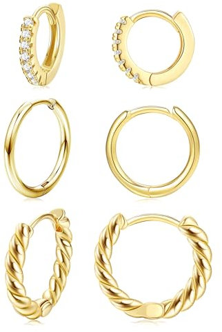 LOLIAS 3 Paar Edelstahl Kleine Creolen für Damen Mädchen - 14K Gold Twisted Huggie Hypoallergen Set Leichte Hinged Cubic Zirkonia Knorpel Sleeper Ohrringe für Herren