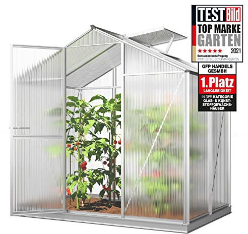 GFP Invernadero Eco 2 Estructura de Aluminio 192x131 cm, Placas de policarbonato de 8 mm - con Sistema de Apertura automático de Ventanas y Base de cimentación