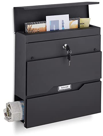 Relaxdays Briefkasten mit Zeitungsfach & Namensschild, HBT 37 x 37 x 11 cm, 2 Schlüssel, moderner Postkasten, schwarz