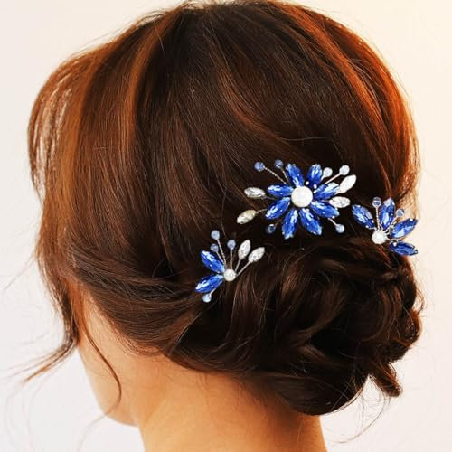Flayem Elegante Haarspange mit Kristallen, Blau und Silber, Hochzeit Haarschmuck