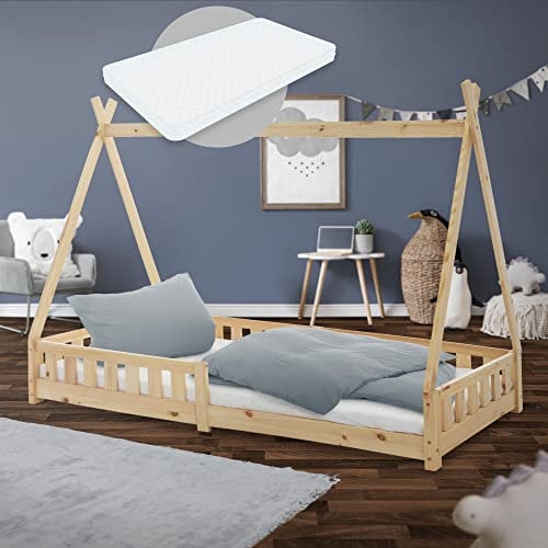 ML-Design Cama Infantil Tipi Natural con Colchón 200x90 cm Protección Anticaída y Somier Estructura Listones de Madera Maciza de Pino para Niño Forma de Casa Cuna Juvenil con Reja Juego Lecho de Suelo