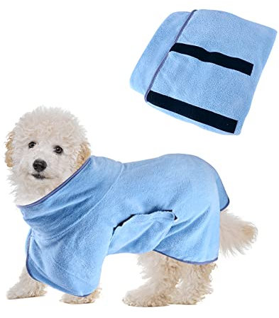 Hundetrockenmantel, Hundehandtuch Bademantel für Kleine, Mittelgroße Hunde bademantel Super Saugfähig Haustier Hundetrockenhandtuch Weich Verstellbar Welpenbademantel nach der Dusche (M/50CM, Blau)