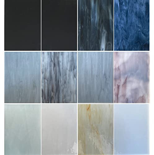 Hengyisha, 12 Blatt Buntglas-Blätter, 15,2 x 10,2 cm, Kathedrale Glasmosaik-Fliesen zum Basteln, schwarz-weiß-graue Farben, Buntglaszubehör