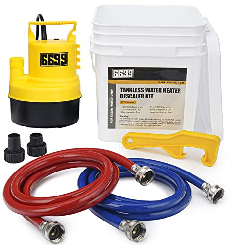 6699 Tankless Water Heater Flushing Kit Includes 1/4HP Submersible Water Pump with Two Plastic Adapters & 3 Gallons Pail with Bucket Lid Opener & Two 1/2” X 6’ PVC Hoses with Washers Easy to Clean