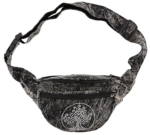 Kunst und Magie Bauchtasche Bunte Boho Goa Crossbody Schulter Gürteltasche Hüfttasche Stonewashed Unisex Lebensbaum, Farbe:Black/Schwarz