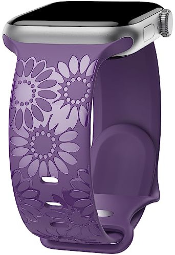 Ersatz-Armband mit Sonnenblumen-Gravur, Violett, 38 mm, kompatibel mit Apple Watch-Armbändern, weiches glänzendes Silikonband für Damen für iWatch Serie Ultra 9, 8, 7, 6, SE, 5, 4, 3, 2