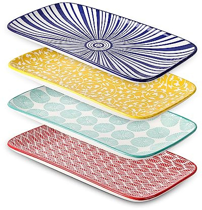 Selamica Rechteckige Servierplatten aus Keramik, 30,5 cm, für Partys, Unterhaltung, rechteckige Speiseteller für Vorspeisen, Salat, Dessert, Sushi, verschiedene Farben, 4 Stück