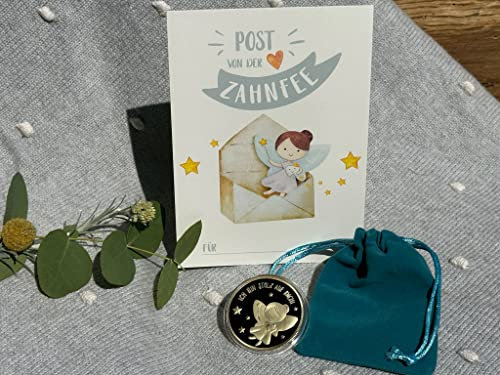 Zahnfee Münze Ich bin stolz auf Dich! mit Zahnfee-Gruß und Beutel türkis-blau