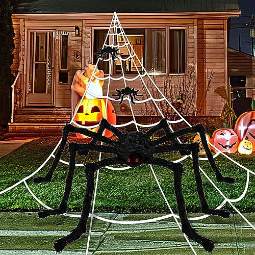 Ikodm Halloween Spinnennetz Deko Set - 7 m Netz Mit 3 Gruseligen Spinnen (200cm x 1 + 50 cm x 2) - Groß für Garten, Party, Outdoor Dekoration