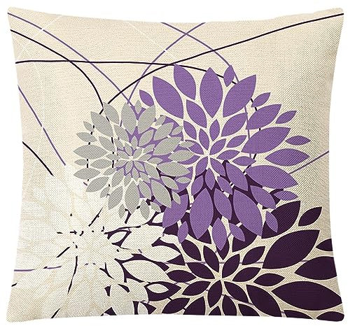 Kissenbezug 40x40 Lila Graue Blüten Sofakissen Baumwoll und Leinen Dekokissen Quadrat Kissenbezüge mit Reißverschluss Outdoor Kissen- für Wohnzimmer Auto Schlafzimmer