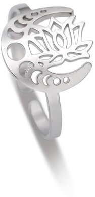 Dreamtimes Mondsichel Ringe für Frauen Mädchen Einstellbare Edelstahl Offene Finger Lotus Blume Yoga Ringe Trendy Bohème-Schmuck (Silber)