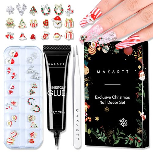 Makartt Christmas Rhinestone Glue Kit, Strong Adhesive Gel Nail Glue with Nail Crystal Rhinestone Tweezer, Nail Gem Glue, Nail Glue Gel with 3D Christmas Nail Charms Gems