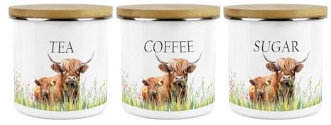Purely Home Highland Cow & Calf Kitchen Storage Canister Set - Countryside Farm Metal Enamel Tea Coffee Sugar Hot Drinks Food Storage Container Set of 3