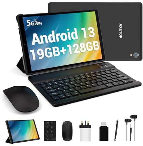 AXETOP Tablet Android 13,10 Inch Tablet 1920 * 1200 INCELL FHD,19GB RAM+128GB ROM(TF 1TB), Octa-Core 2.0 GHz,WiFi 5G&2.4G, 8000mAh,Camera 13MP+8MP,Tab With keyboard,Case,Earphone&Pen - Black