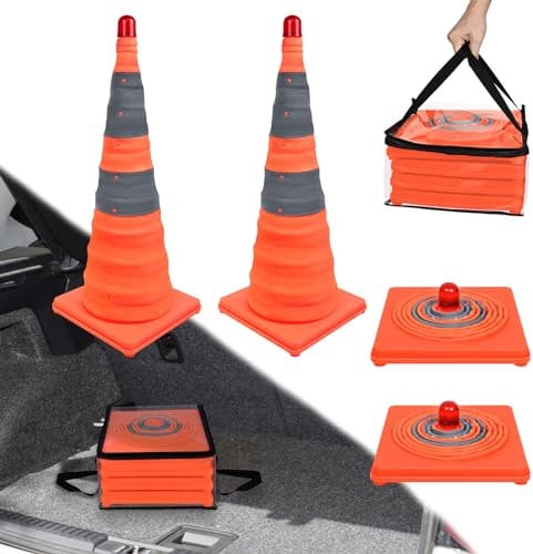 NAIZY 4er Set Pylonen 70cm Warnkegel mit LED-Warnleuchte Verkehrshütchen Leitkegel Faltbar Kegel Zusammenklappbare inkl. Tasche Multifunktion Verkehrskegel, Orange