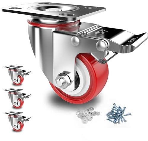 Deutnart Schwerlastrollen 50mm Möbelrollen mit Bremsen, [4 Stk bis 320kg] Lenkrollen Set Leise Schwenkrollen Polyurethan Transportrollen ohne Spuren Industrietransport und Logistik