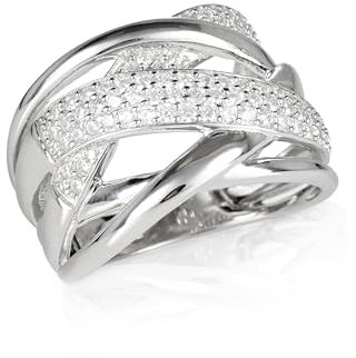 Diamond Treats Ring aus 925er Sterling Silber für Damen Mit Zirkonia-Steinen - Stilvoller, Breiter Criss-Cross-Ring für Frauen und Mädchen, Ringgröße 61,5